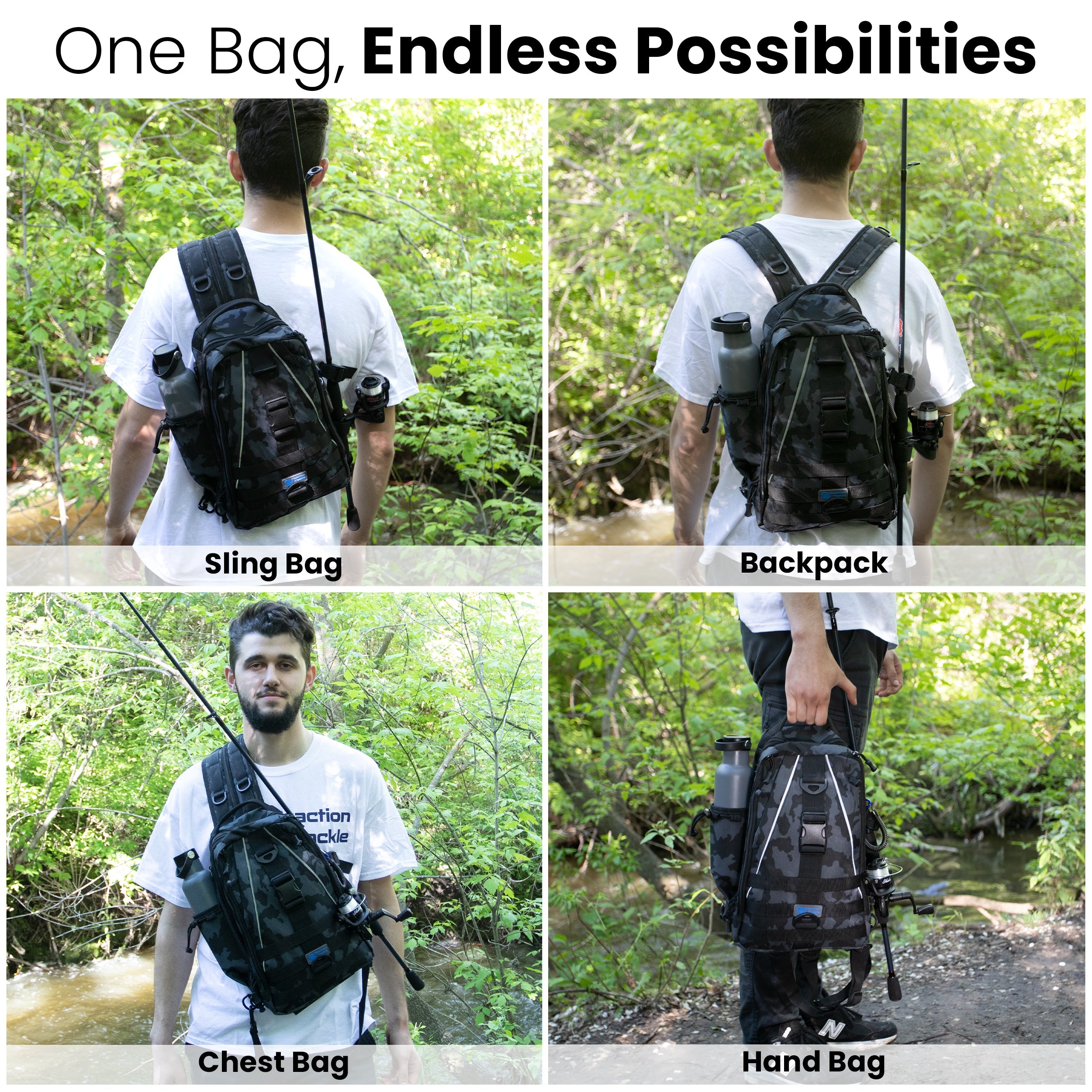 Reaction Tackle Fishing Tackle 2-in-1 Sling Bag/Backpack- 3 Sizes - Keep Casting Fishing & Outdoors